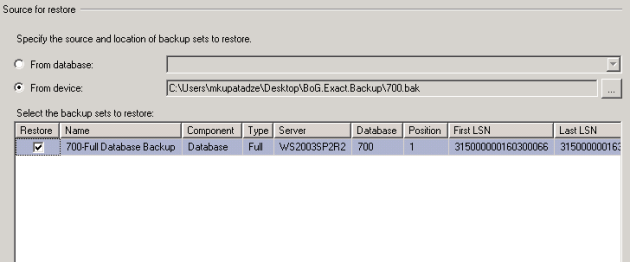 Source for restore_Select the backup sets to restore(checked)(SQL Server 2005)