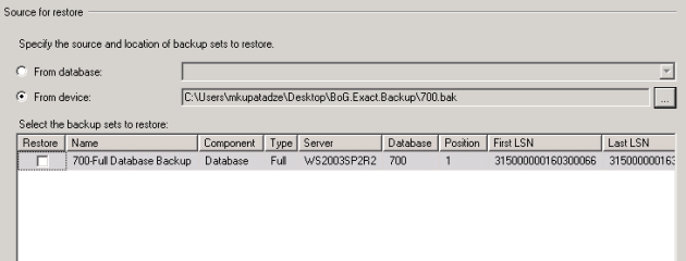 Source for restore_Select the backup sets to restore(SQL Server 2005)