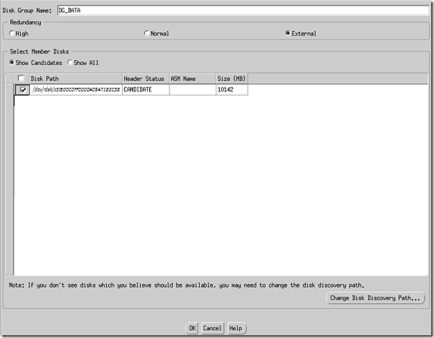 DG_DATA Disk group Name