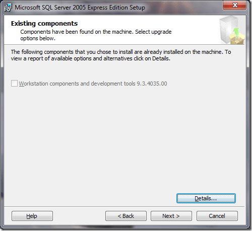 Microsoft SQL Server 2005 Setup Existing Components