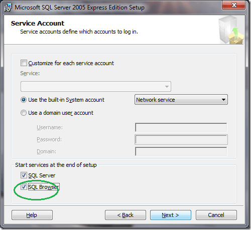 Microsoft SQL Server 2005 Setup Service Account