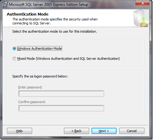 Microsoft SQL Server 2005 Setup Authentication Mode