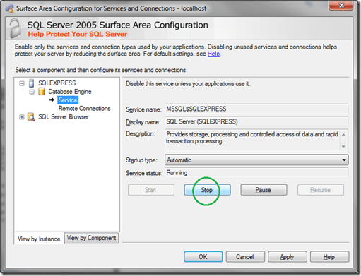 Microsoft SQL Server 2005 Surface Area Configuration_Service_Stop