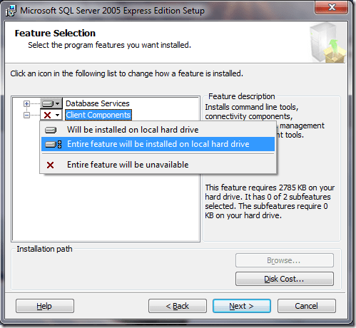 Microsoft SQL Server 2005 Setup Feature Selection