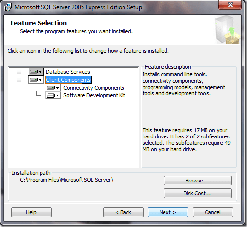 Microsoft SQL Server 2005 Setup Feature Selection 2