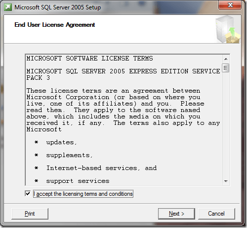 Microsoft SQL Server 2005 Setup End User License Agreement