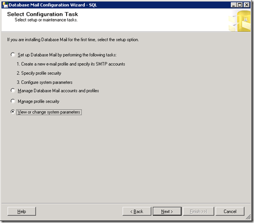 SQL Server  Database Mail Configuration Wizard View Change system parameters