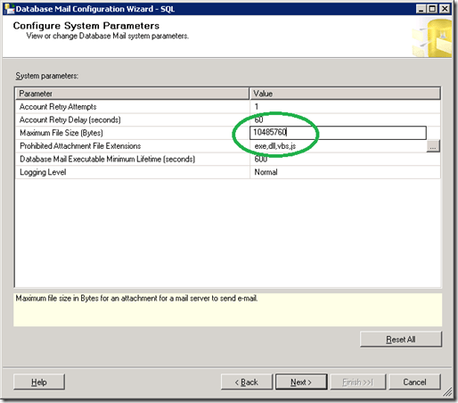 SQL Server  Database Mail Configuration Wizard View Change system parameters