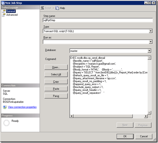 SQL Server New Job Steps General Tab