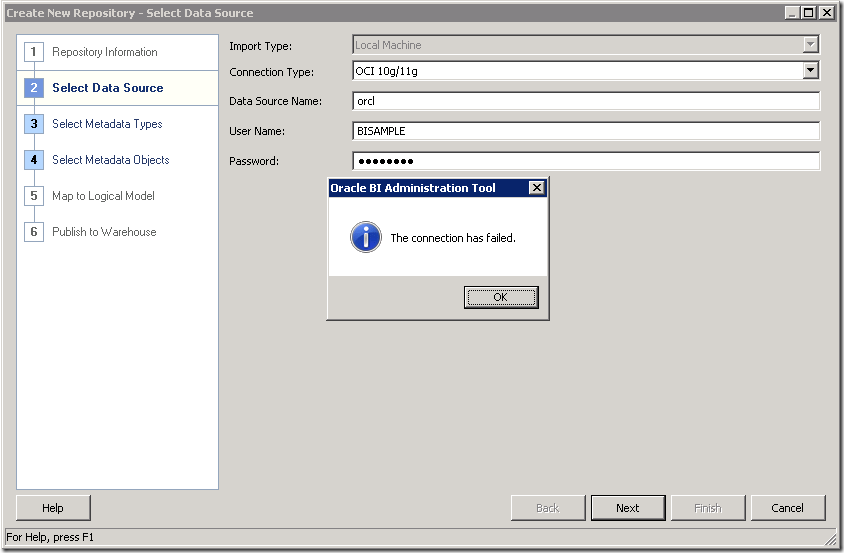 ORACLE BI Admintool.exe “The connection has failed” DBA Knowledge Base