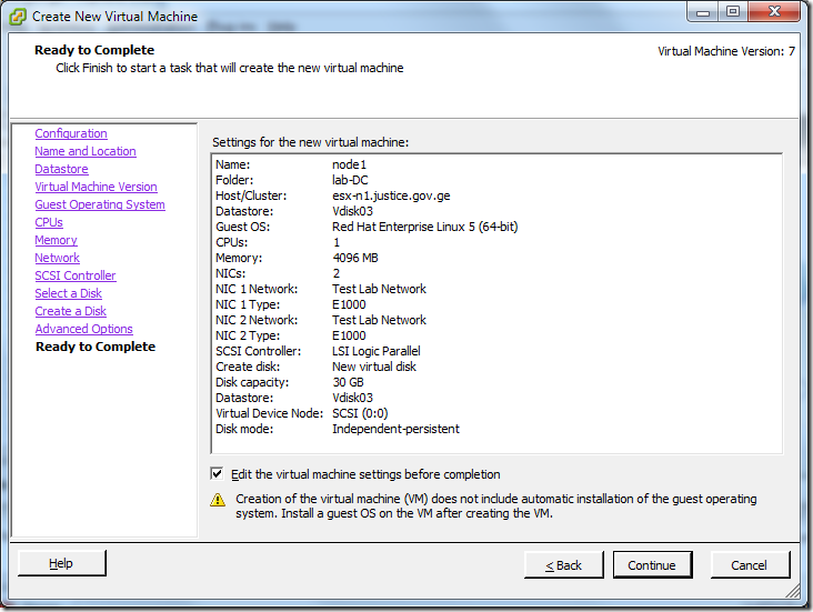 Create New Virtual Machine_Settings_Summary